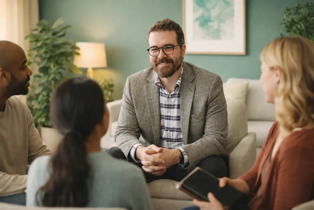 Joshua White LCSW facilitating a GroupWorkAI therapy session with a small group in a warm teal-accented therapy office in Mendham NJ