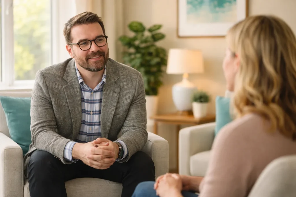 Joshua White LCSW having a warm consultation with a client in his therapy office in Mendham NJ